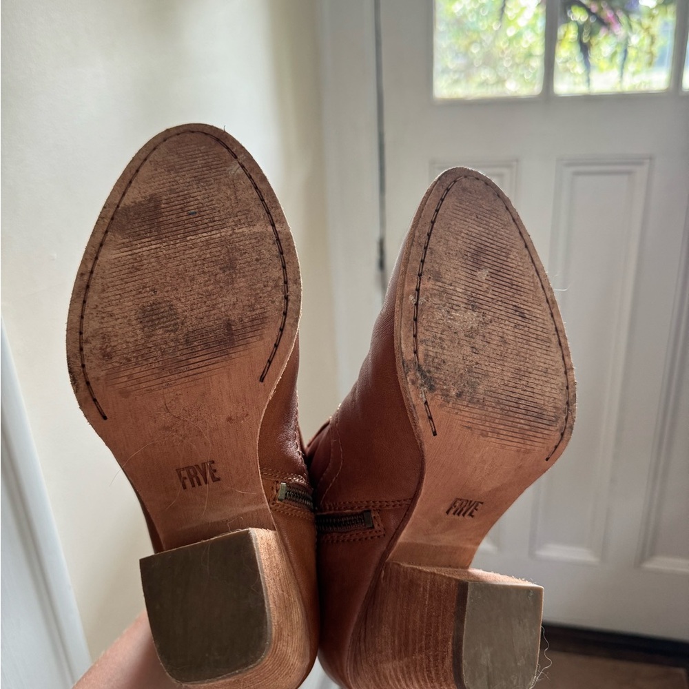 Frye Brown Heeled Boots with Stacked Wooden Heel - Picture 3 of 6